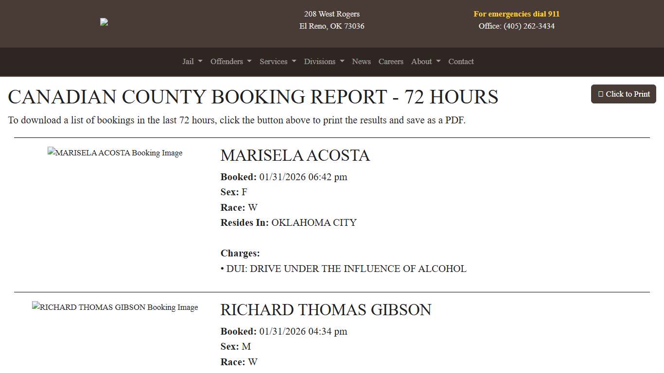 72 Hour Booking Report Canadian County Sheriff's Office